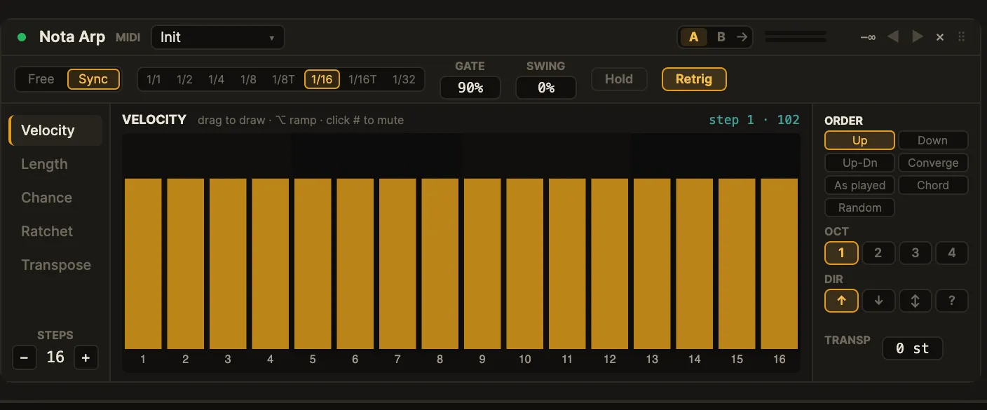 The Nota Arp device card: a rate/gate live strip, a lane rail, a 16-step sequencer, and an order/octave rail.