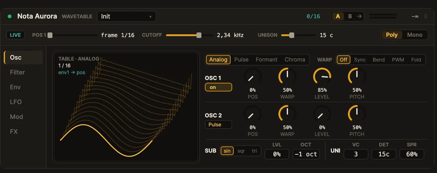 The Nota Aurora device card: the position/cutoff/unison live strip and the Osc tab with the 3-D wavetable stack, two oscillators, sub and unison.