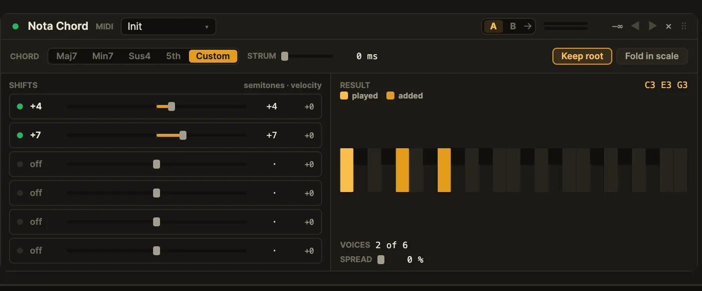 The Nota Chord device card: chord-type strip, a six-voice shifts stack, and a result panel with a keyboard preview.