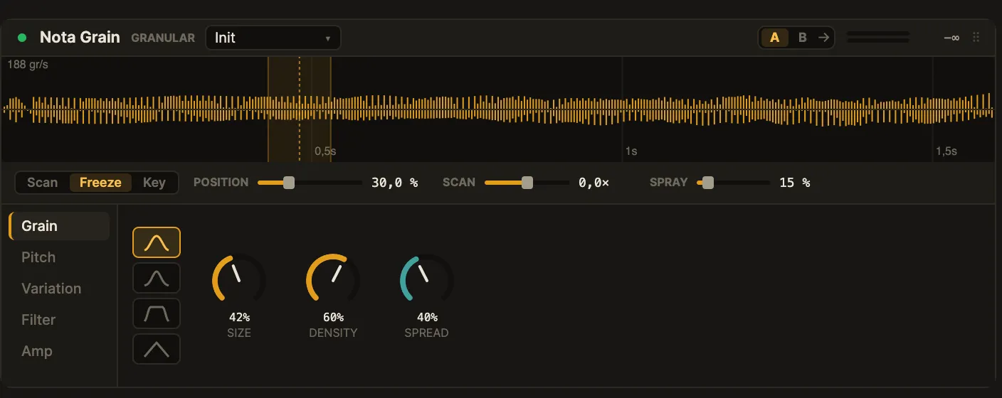 The Nota Grain device card: the sample waveform with the grain window, the scan/position strip, and the Grain tab with grain shape and size/density/spread.