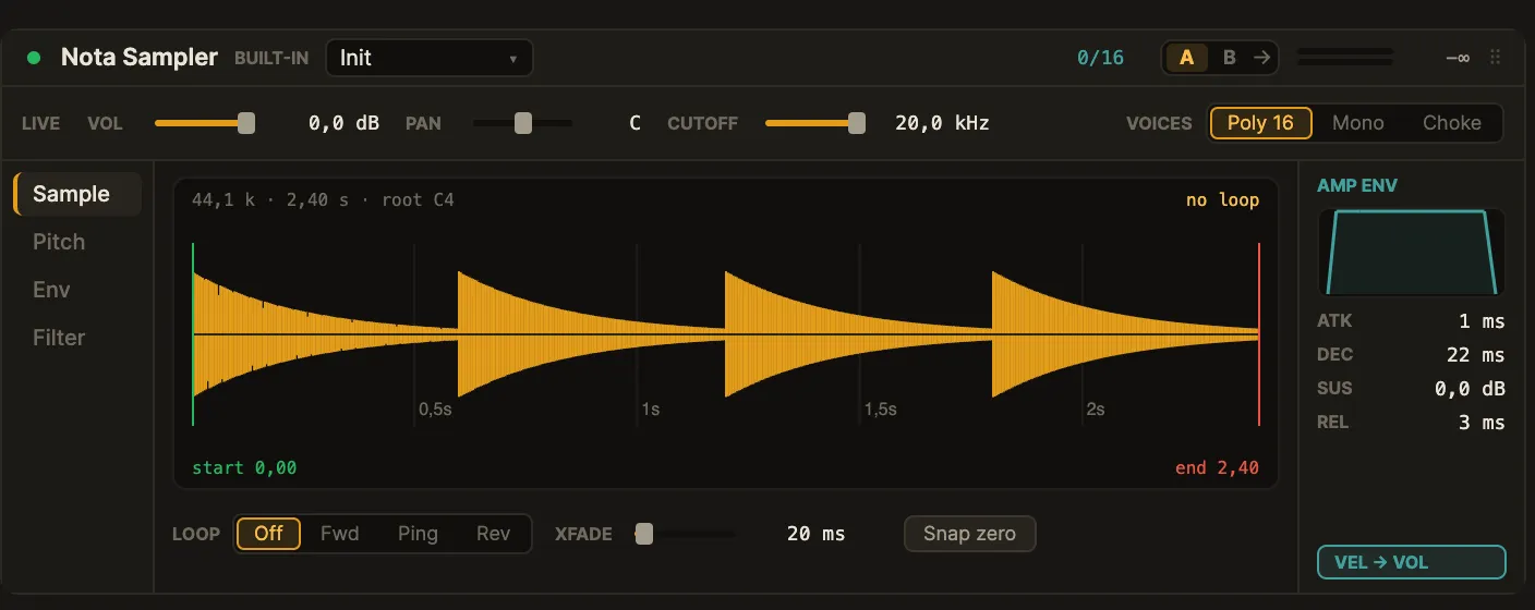The Nota Sampler device card: the vol/pan/cutoff live strip and the Sample tab with the waveform, start/end and loop markers, and the amp-envelope rail.