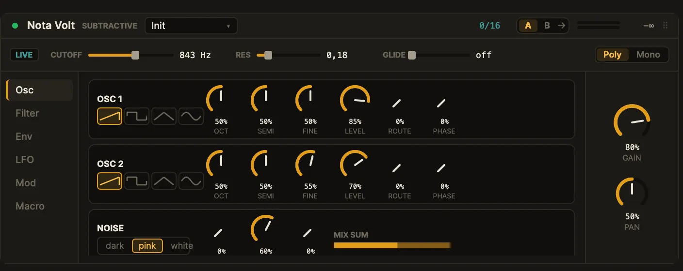 The Nota Volt device card: the Cutoff/Res/Glide live strip, the Osc tab with two oscillators and a noise lane, and the gain/pan output rail.